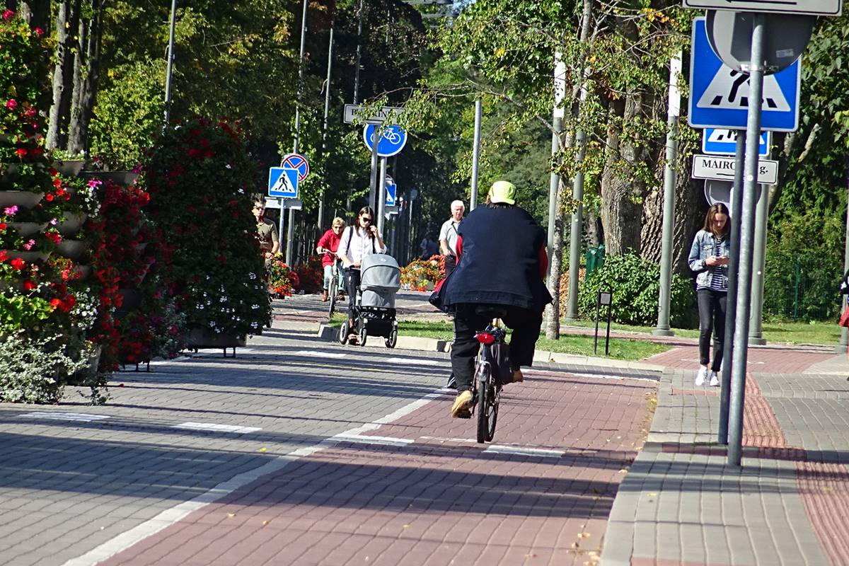 Žmonės važiuoja dviračiais ir vaikšto J. Basanavičiaus gatvėje Palangoje vasaros dieną